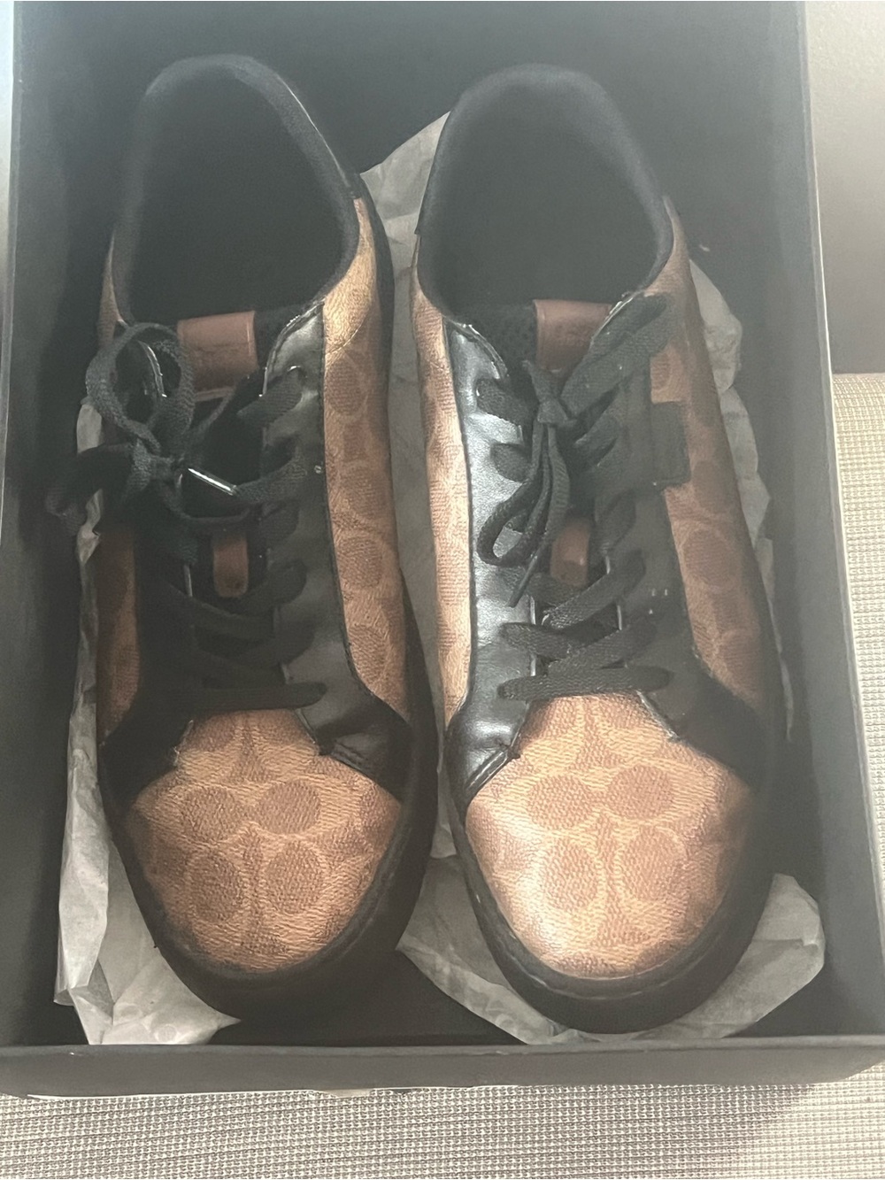 Coach Men's Brown Signature Monogram Low-Top Sneakers with Black Trim
